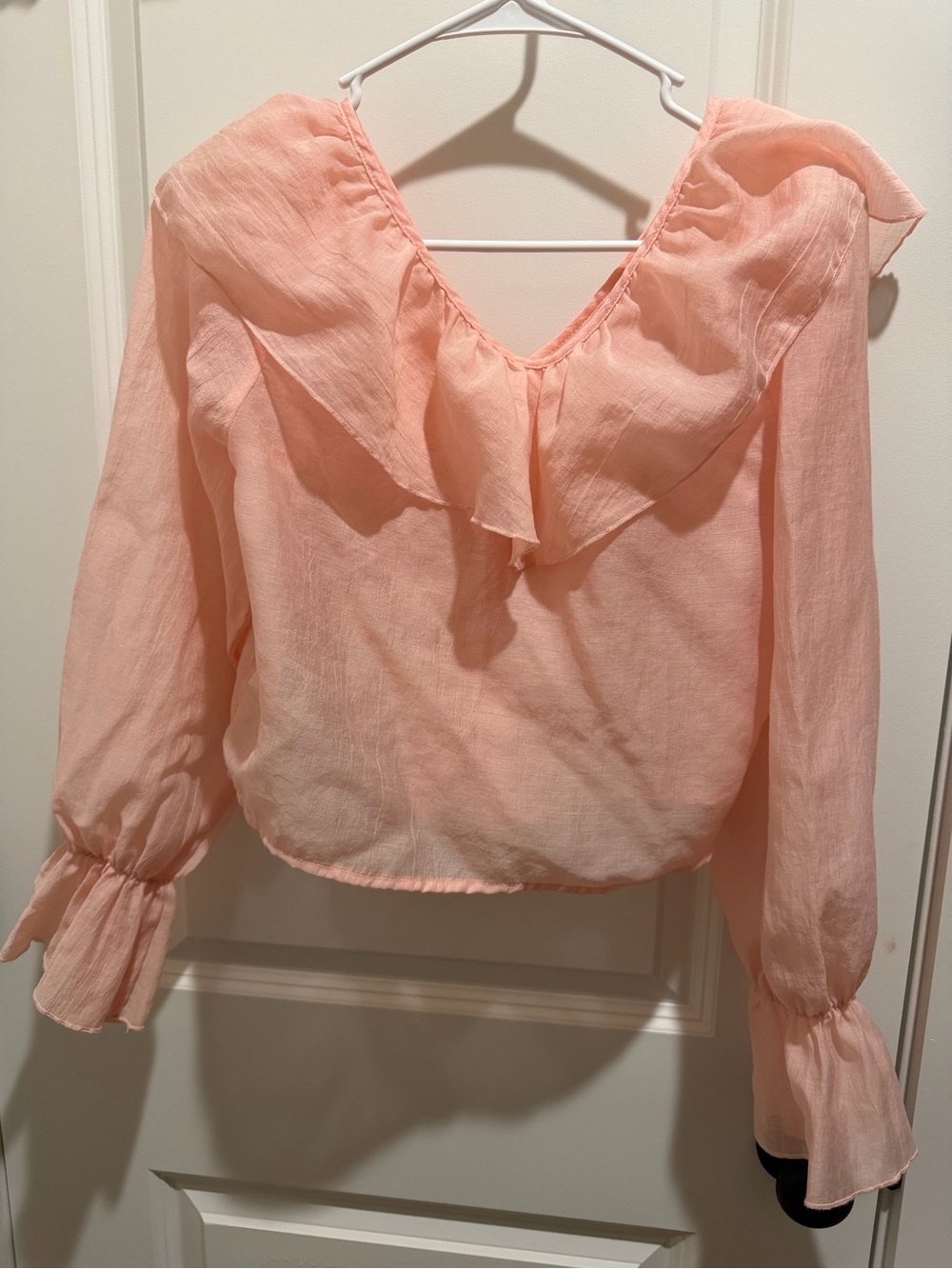 Peach Ruffle V-Neck Long Sleeve Blouse - Picture 8 of 12